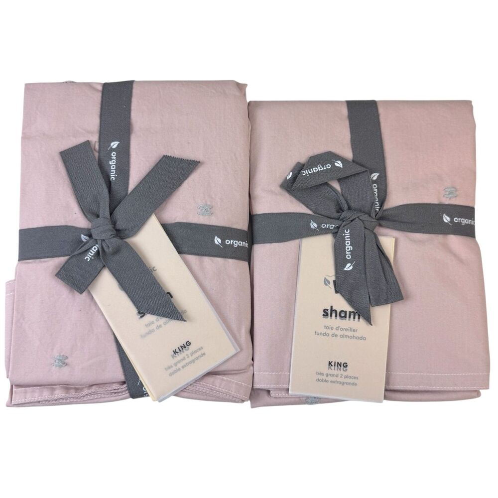 West Elm Organic Washed Cotton Percale King Size Pillow Shams Pink/Gray Stitch
